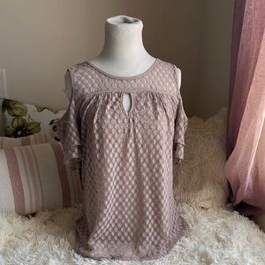 Women's Lace Cold Shoulder Top - Taupe size L